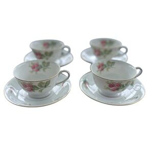 Vtg Kyoto Roseverte‎ Tea Cup Saucer Set 4 Pink Roses Gold Victorian Cottagecore
